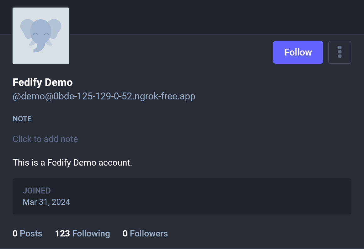 Screenshot: An actor profile with 123 following in
Mastodon